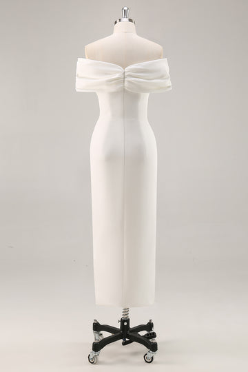 White Off the Shoulder Sheath Matte Satin Asymmetrical Formal Dress